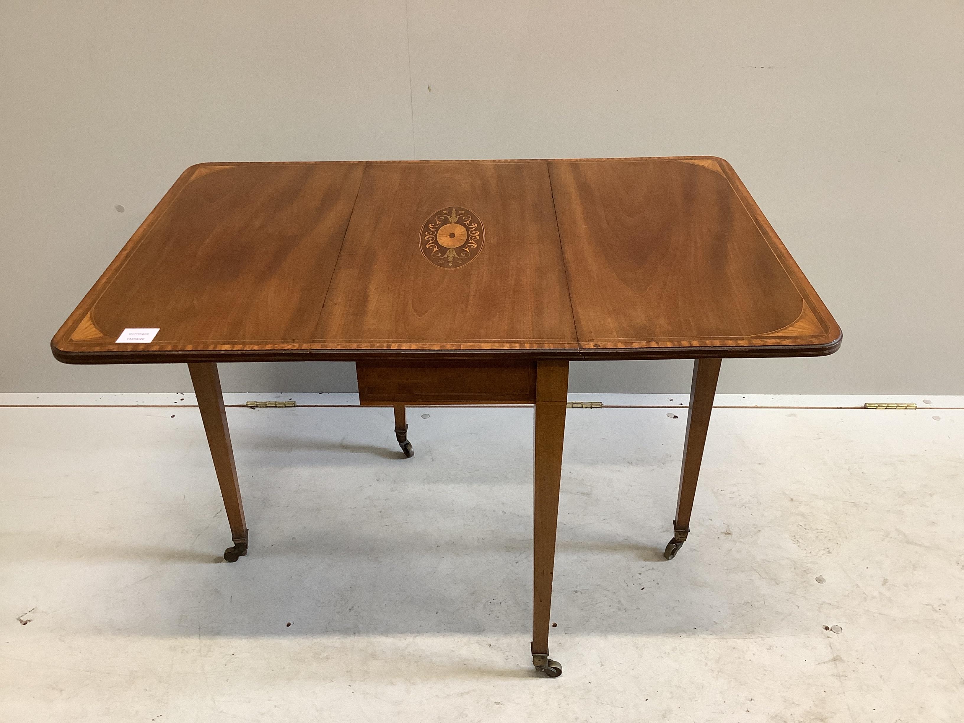 An Edwardian marquetry inlaid mahogany drop flap occasional table, width 61cm, depth 33cm, height 62cm